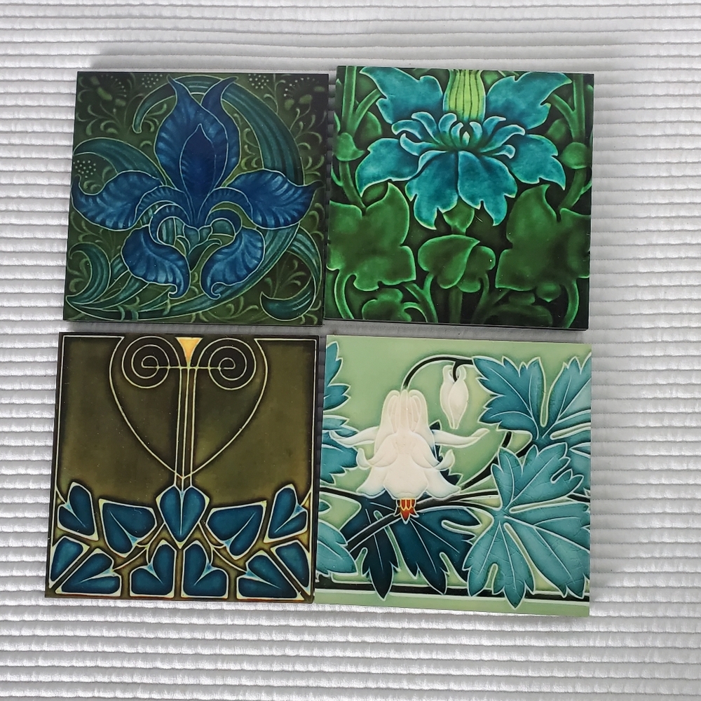 Set Of 4 Art Nouveau Coasters 4"x4" Vintage Cork Reproduction Blue